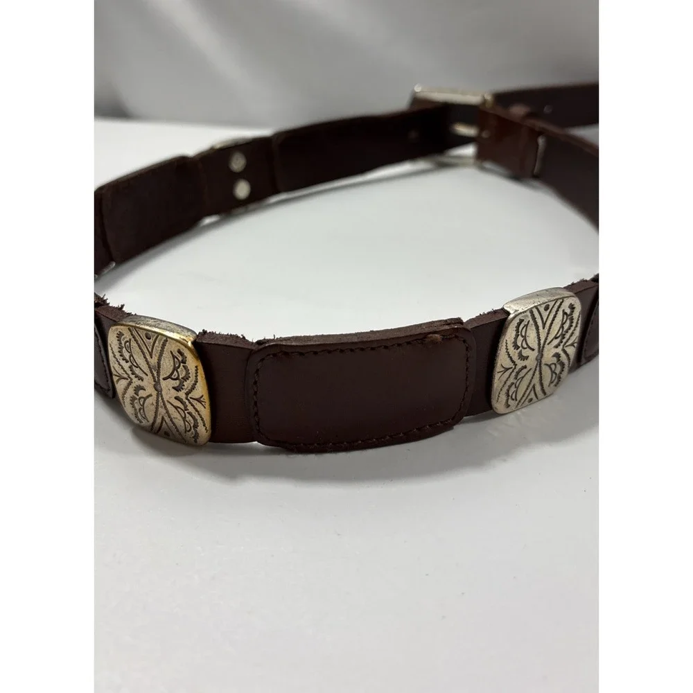 Fossil Vintage Brown Leather Western Concho Link Belt Silver Engraved Plates S